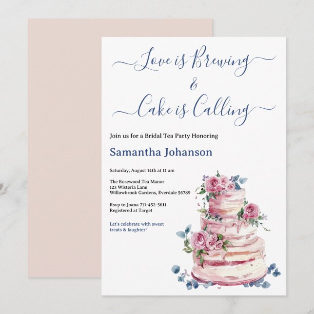 Blush Pink Tiered Cake Pink Roses Bridal Shower Invitation (Front/Back)