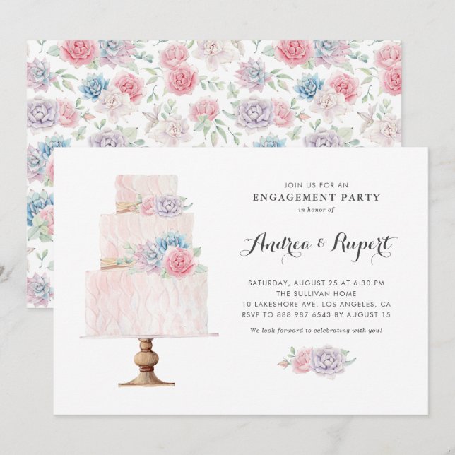 Blush Pink Tiered Cake Succulents Engagement Party Invitation (Front/Back)