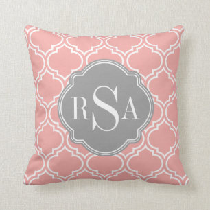 Blush Pink Tile Lattice Pattern Grey Monogram Cushion