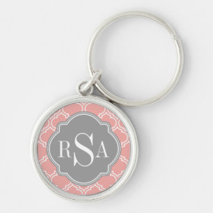Blush Pink Tile Lattice Pattern Grey Monogram Key Ring