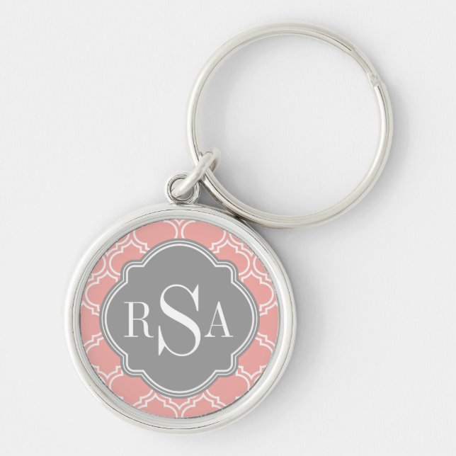 Blush Pink Tile Lattice Pattern Grey Monogram Key Ring (Front)