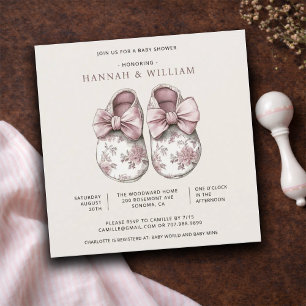 Blush Pink Toile Baby Booties Baby Girl Shower. Invitation