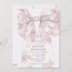 Blush Pink Toile Bow Baby Shower Girl Invitation