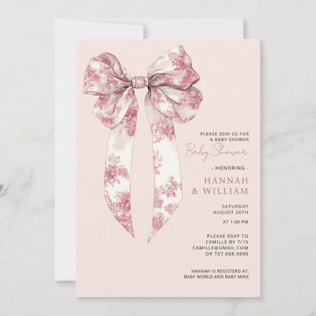 Blush Pink Toile Coquette Ribbon Girl Baby Shower Invitation (Front)
