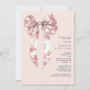 Blush Pink Toile Coquette Ribbon Girl Baby Shower Invitation