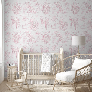 Blush Pink Toile Floral Teddy Bear Elegant Classic Wallpaper