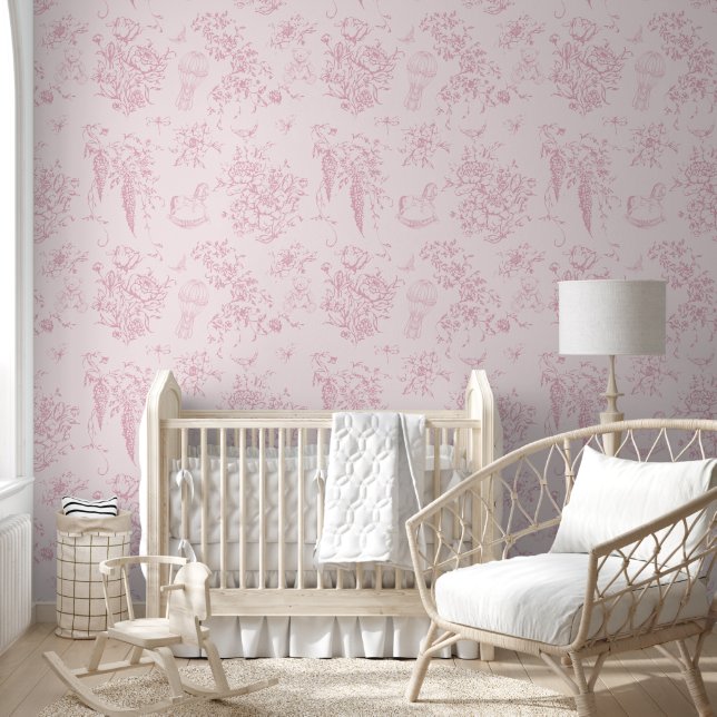 Blush Pink Toile Floral Teddy Bear Elegant Classic Wallpaper (Kids)