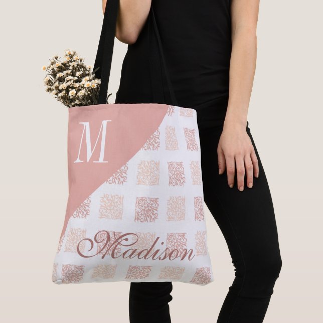 Blush Pink Trendy Girly Initial Name Monogram Tote Bag (Close Up)