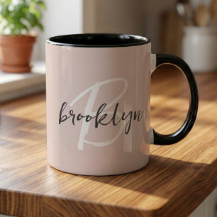 Blush Pink Trendy Grey Script Monogram Name Mug