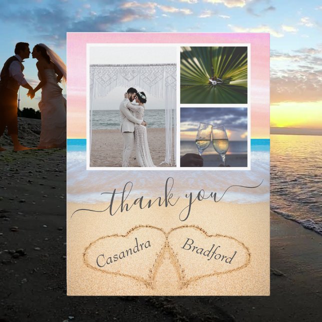 Blush Pink  Tropical Beach Hearts in Sand Wedding Thank You Card (Creator Uploaded)