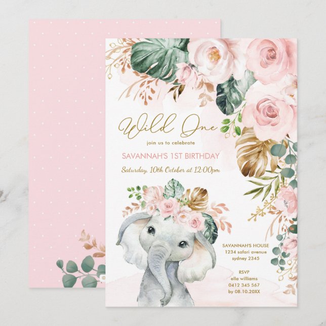Blush Pink Tropical Floral Elephant 1st Birthday Invitation (Front/Back)