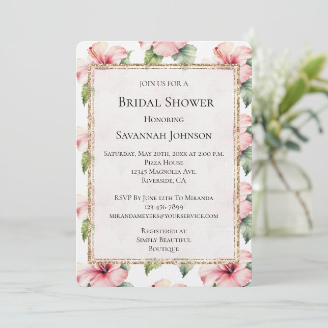 Blush Pink Tropical Hibiscus Floral Bridal Shower Invitation (Standing Front)