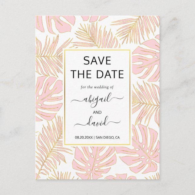 Blush pink tropical leaves wedding Save the Date Announcement Postcard (Front)