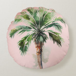 Blush Pink Tropical Palm Tree  Round Cushion