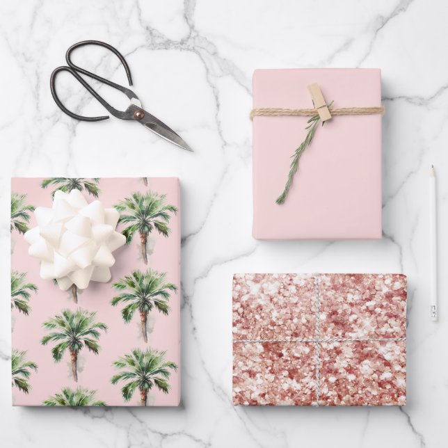 Blush Pink Tropical Palm Tree Wrapping Paper Sheet (Front)