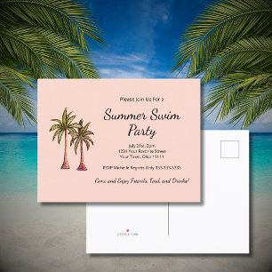 Blush Pink Tropical Palm Trees Summer Pool Party  Invitation Postcard