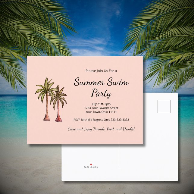 Blush Pink Tropical Palm Trees Summer Pool Party  Invitation Postcard (Creator Uploaded)