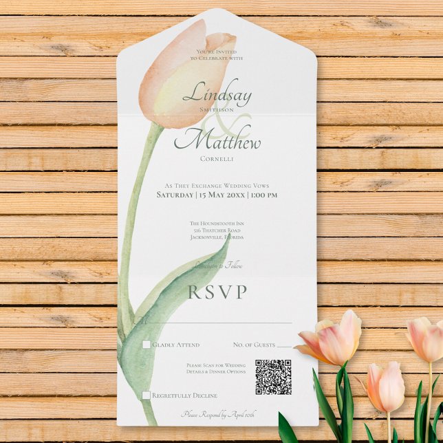 Blush Pink Tulip Solo Peach Modern QR Code All In One Invitation (Blush Pink Tulip Solo Pink Modern QR Code All In One Invitation)