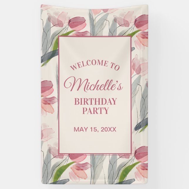 Blush Pink Tulips Floral Birthday Party Welcome Ba Banner (Vertical)