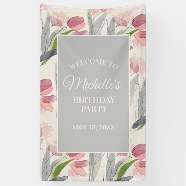 Blush Pink Tulips Floral Birthday Party Welcome Banner (Vertical)