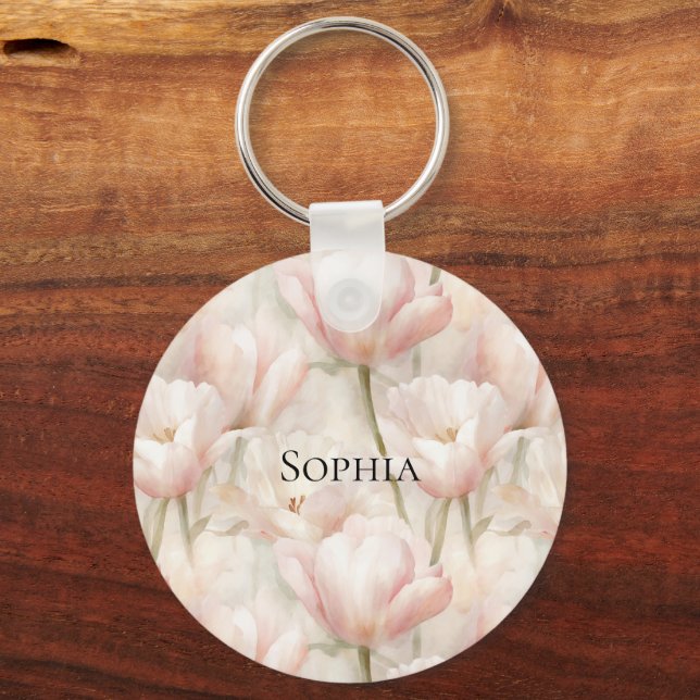 Blush Pink Tulips Floral  Key Ring (Front)