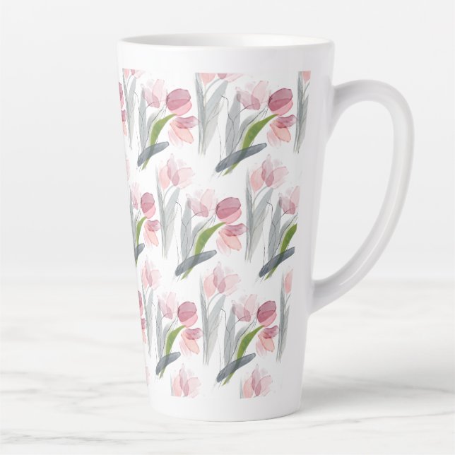 Blush Pink Tulips Sage Green Grey Leaves White Latte Mug (Right)