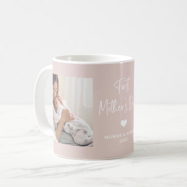 Blush Pink | Two Photo Script First Mother's Day Coffee Mug (Front Left)