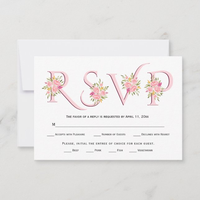 Blush pink typography and pink roses RSVP card (Front)