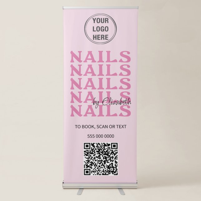 Blush Pink Typography Logo QR Code Nail Salon Retractable Banner (Front)