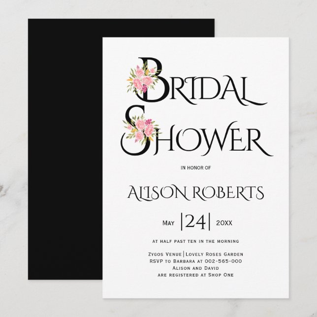 Blush pink typography, pink roses bridal shower invitation (Front/Back)