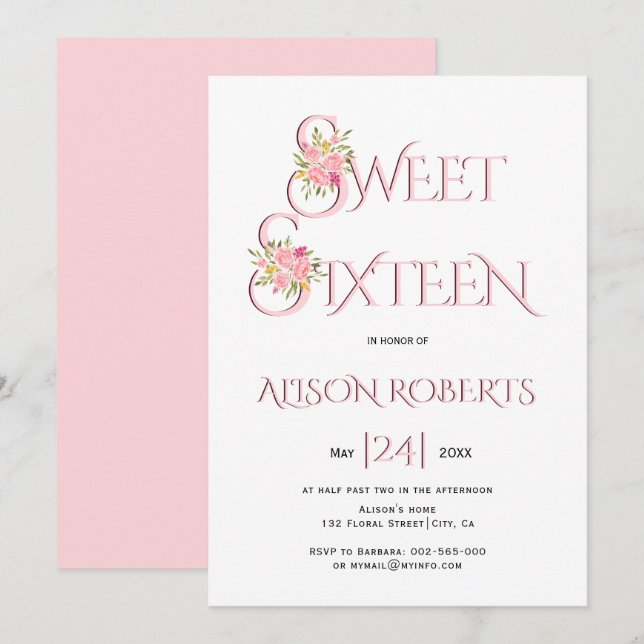 Blush pink typography, pink roses sweet sixteen invitation (Front/Back)