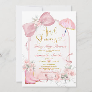 Blush Pink Umbrella April Showers Bow Baby Shower Invitation
