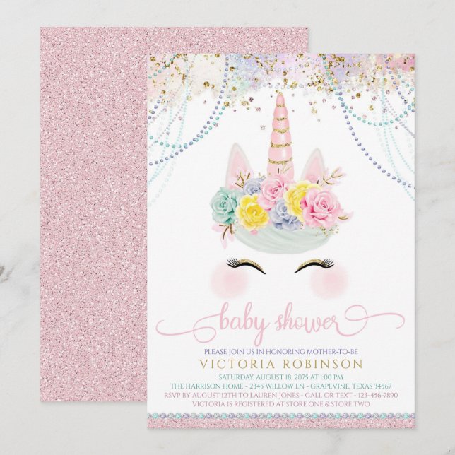 Blush Pink Unicorn Girl Baby Shower Invitation (Front/Back)