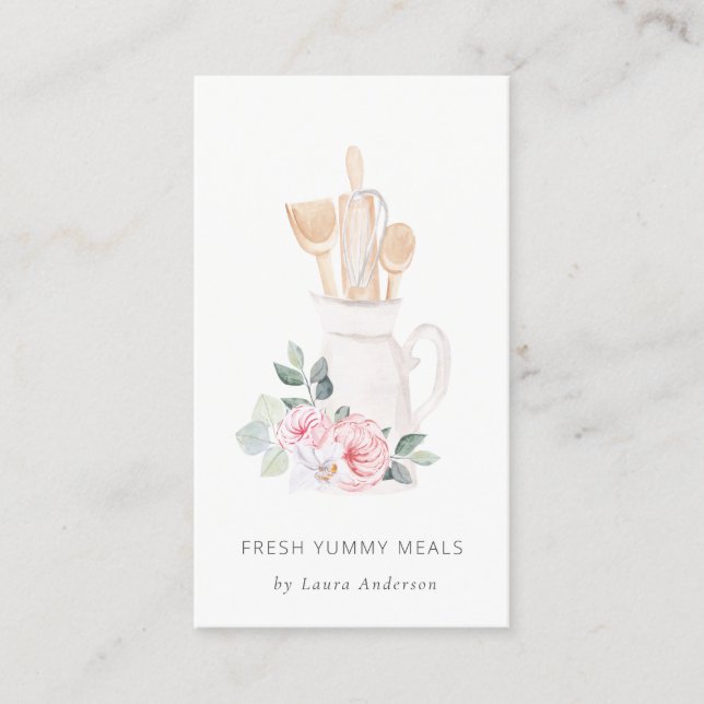 Blush Pink Utensils Catering Floral Roller Whisk Business Card (Front)