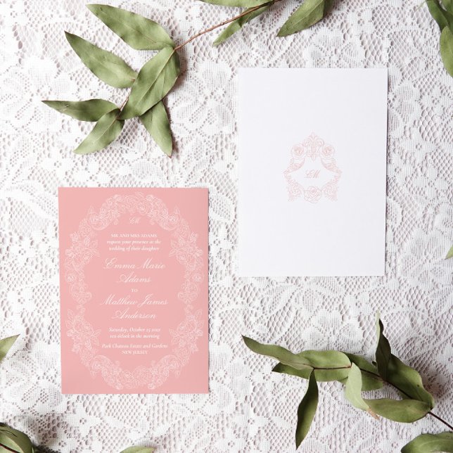 Blush Pink Victorian Antique Classic Wedding Invitation (rococo blush pink wedding invitation with a delicate botanical frame illustration and monogram crest)