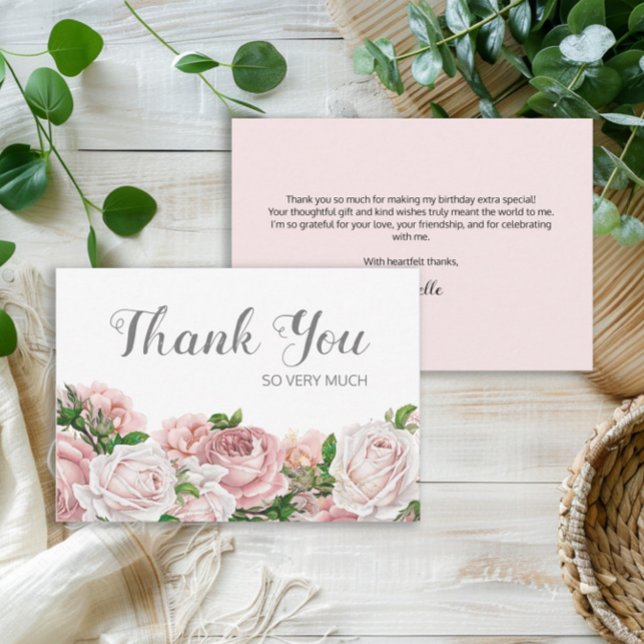 Blush Pink Vintage Floral Birthday Thank You (Elegant blush pink vintage floral birthday party Thank You card)
