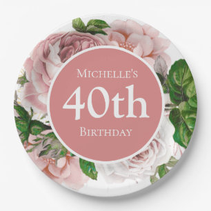 Blush Pink Vintage Floral Greenery 40th Birthday Paper Plate