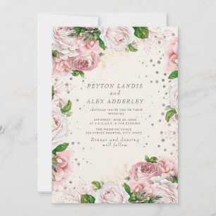 Blush Pink Vintage Floral Silver Glitter Wedding Invitation
