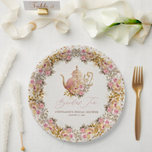 Blush Pink Vintage Floral Teapot Bridal Shower Tea Paper Plate