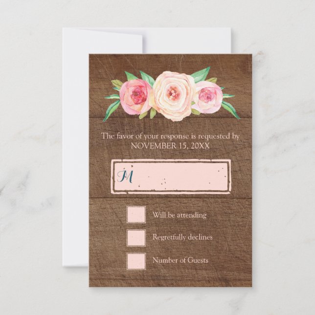 Blush Pink Vintage Floral Wood Wedding RSVP (Front)