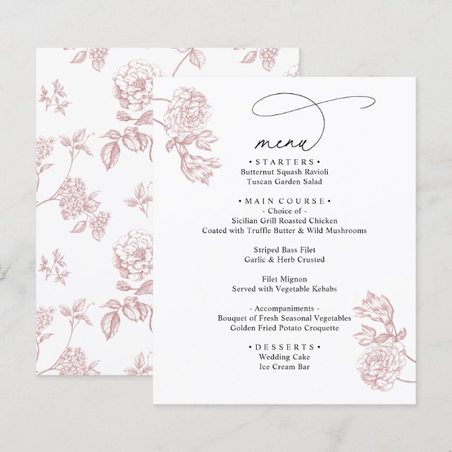 Blush Pink Vintage Modern Wedding Menu (Front/Back)