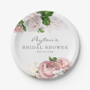 Blush Pink Vintage Rose Floral Bridal Shower White Paper Plate