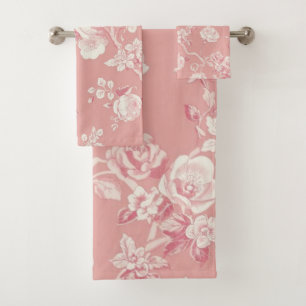 Blush Pink Vintage Rose Toile Floral Pattern Bath Towel Set