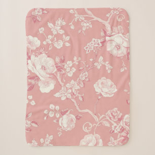 Blush Pink Vintage Rose Toile Floral Pattern Sherpa Blanket