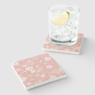 Blush Pink Vintage Rose Toile Floral Pattern Stone Coaster