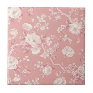 Blush Pink Vintage Rose Toile Floral Pattern Tile