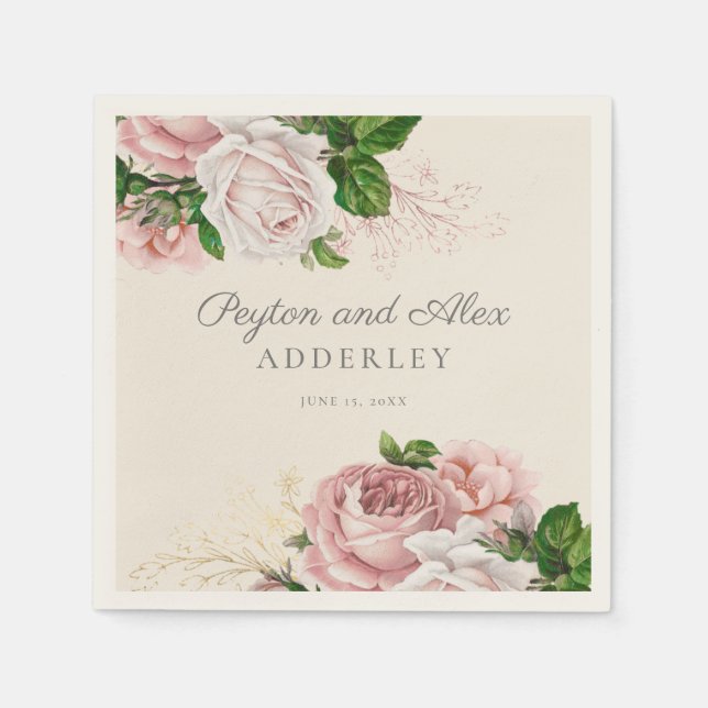 Blush Pink Vintage Roses Floral Wedding  Napkin (Front)