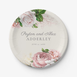 Blush Pink Vintage Roses Floral Wedding Paper Plate