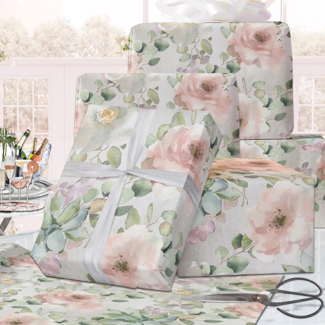 Blush Pink Vintage Roses Succulents & Eucalyptus  Wrapping Paper (Creator Uploaded)