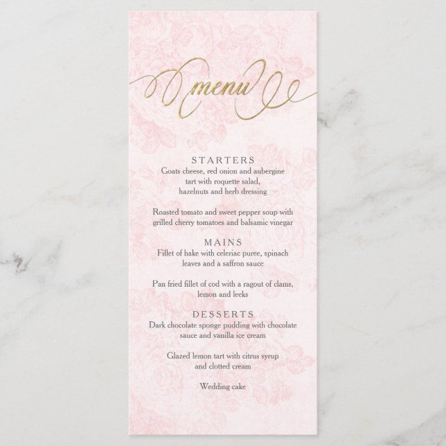 Blush Pink Vintage Roses Wedding Menu Card (Front)